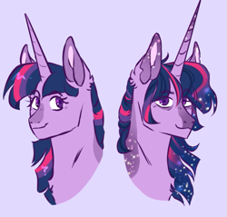 Size: 749x715 | Tagged: safe, artist:dolliewings, derpibooru import, twilight sparkle, pony, alternate hairstyle, blaze (coat marking), bust, chest fluff, coat markings, ear fluff, ethereal mane, eye clipping through hair, female, horn, long horn, looking at you, mare, older, older twilight, purple background, simple background, smiling, solo, starry mane