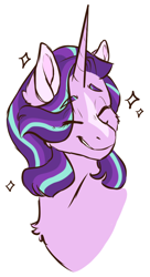 Size: 600x1100 | Tagged: safe, artist:dolliewings, derpibooru import, edit, starlight glimmer, pony, unicorn, blaze (coat marking), bust, chest fluff, cropped, eye clipping through hair, eyes closed, female, laughing, mare, simple background, smiling, solo, sparkles, white background