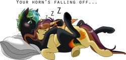 Size: 1600x759 | Tagged: safe, artist:elusiveconqueror, oc, oc only, oc:glitch, oc:lessi, blushing, cuddling, fake horn, glessi, on top, pillow, sleeping, snoring, snuggling, zzz
