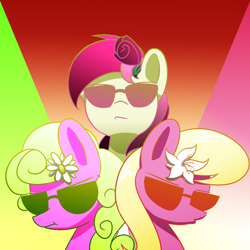 Size: 1280x1280 | Tagged: safe, artist:acersiii, daisy, flower wishes, lily, lily valley, roseluck, flower in hair, flower trio, rose, sunglasses