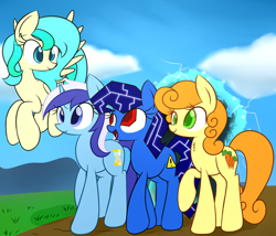 Size: 1280x1097 | Tagged: safe, artist:acersiii, carrot top, golden harvest, minuette, oc, oc:bluescreen pony, oc:solar tide, road, walking