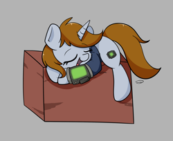 Size: 2453x1999 | Tagged: safe, artist:taurson, derpibooru import, oc, oc only, oc:littlepip, pony, unicorn, fallout equestria, box, clothes, commission, cutie mark, eyes closed, fanfic, fanfic art, female, gray background, hooves, horn, mare, open mouth, pipbuck, simple background, sleeping, solo, vault suit