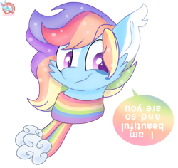 Size: 1212x1142 | Tagged: safe, artist:rainbow eevee, derpibooru import, oc, oc only, oc:prisma color, bat pony, pony, bat pony oc, clothes, cute, dialogue, looking at you, message, multicolored hair, pastel, positive ponies, scarf, simple background, smiling, smiling at you, smirk, solo, speech bubble, transparent background, upside down, wholesome