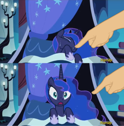 Size: 1266x1288 | Tagged: safe, edit, screencap, princess luna, alicorn, pony, do princesses dream of magic sheep, bed, boop, boop edit, exploitable meme, finger, hand, luna's nightmare, luna's room, meme, waking