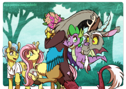 Size: 891x633 | Tagged: safe, artist:inuhoshi-to-darkpen, artist:zutheskunk edits, derpibooru import, discord, doctor fauna, fluttershy, spike, dragon, earth pony, opossum, pegasus, pony, bouquet, discoshy, ear fluff, female, flower, male, shipper on deck, shipping, straight, winged spike