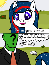 Size: 1500x2000 | Tagged: safe, artist:poniidesu, derpibooru import, oc, oc only, oc:anon, oc:nasapone, earth pony, human, pony, /mlp/, blushing, clothes, dialogue, eye clipping through hair, forrest gump, necktie, ponified, speech, suit, sun, text, the game