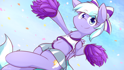 Size: 1920x1080 | Tagged: safe, artist:dshou, lilac sky, pegasus, pony, belly button, bipedal, bow, cheerleader, chest fluff, confetti, female, hair bow, looking at you, mare, midriff, pom pom, smiling, solo, wallpaper