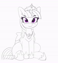 Size: 3782x4096 | Tagged: safe, artist:pabbley, derpibooru import, twilight sparkle, twilight sparkle (alicorn), alicorn, pony, ear fluff, female, hoof shoes, jewelry, looking at you, mare, monochrome, neo noir, partial color, peytral, regalia, simple background, sitting, smiling, solo, white background