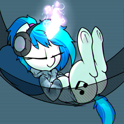 Size: 750x750 | Tagged: safe, artist:whydomenhavenipples, dj pon-3, vinyl scratch, pony, unicorn, abstract background, clothes, cute, explicit source, eyes closed, female, frog (hoof), glow, glowing horn, hammock, headphones, hoodie, hooves, magic, mare, music notes, on back, plot, relaxed, smiling, solo, sweet dreams fuel, underhoof, vinylbetes