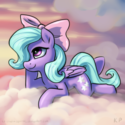 Size: 1500x1500 | Tagged: safe, artist:kp-shadowsquirrel, flitter, pegasus, pony, bow, cloud, cloudy, female, hair bow, hair over one eye, mare, smiling, solo