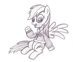 Size: 1050x900 | Tagged: safe, artist:m.w., derpibooru import, rainbow dash, pegasus, pony, bomber jacket, clothes, cute, female, jacket, mare, monochrome, simple background, sitting, solo, white background