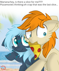 Size: 1102x1324 | Tagged: safe, artist:rainbow eevee, derpibooru import, oc, oc only, oc:mariana, oc:pizzamovies, earth pony, original species, pony, shark, shark pony, beach, blue eyes, dialogue, duo, eyebrows visible through hair, female, food, male, meat, mouth hold, ocean, pepperoni, pepperoni pizza, pizza, sand, sweat, text, worried