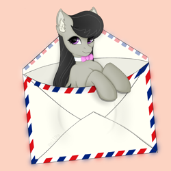 Size: 1600x1600 | Tagged: safe, alternate version, artist:bellfa, derpibooru import, edit, octavia melody, earth pony, pony, bow, bowtie, female, letter, simple background, solo