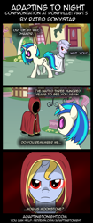 Size: 850x2020 | Tagged: safe, artist:terminuslucis, dj pon-3, vinyl scratch, oc, oc:mobius, oc:seeker, pony, undead, unicorn, vampire, vampony, comic:adapting to night, comic:adapting to night: confrontation at ponyville, comic, cult, dhampir