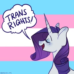 Size: 1024x1024 | Tagged: safe, artist:snowolive, derpibooru import, rarity, pony, unicorn, dialog, english, eyes closed, eyeshadow, female, flag, makeup, mare, mouthpiece, open mouth, positive ponies, pride, pride flag, solo, trans rights, transgender, transgender pride flag