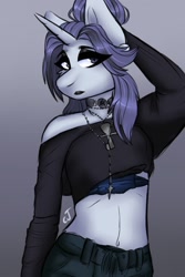 Size: 853x1280 | Tagged: safe, artist:cutejosuke, derpibooru import, oc, oc only, oc:amethyst aura, anthro, pony, unicorn, anthro oc, clothes, eyeshadow, female, goth, gothic, lipstick, makeup, mare, midriff, signature, solo