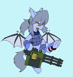 Size: 1935x2048 | Tagged: safe, alternate version, artist:omegapony16, derpibooru import, oc, oc only, oc:oriponi, bat pony, pony, armor, bat pony oc, colored, female, frog (hoof), grin, gun, hoof hold, mare, open mouth, simple background, smiling, solo, underhoof, weapon