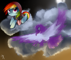 Size: 1281x1081 | Tagged: safe, artist:supermare, rainbow dash, pegasus, pony, clothes, cloud, cloudy, crossover, delsin rowe, hoodie, infamous, infamous second son, moon, sky, video game