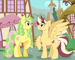 Size: 5720x4640 | Tagged: safe, artist:princess-madeleine, oc, oc only, oc:whiplash, oc:woodland spring, pegasus, pony, unicorn, absurd resolution, couple, cutie mark, female, flirting, male, shipping, solo, straight, wingboner