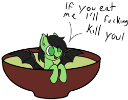 Size: 1542x1204 | Tagged: safe, artist:czu, derpibooru import, edit, oc, oc only, oc:anon filly, bat pony, pony, bat ponified, bat pony oc, bat soup, bowl, chest fluff, coronavirus, covid-19, crossing the line twice, cute, ear fluff, ear tufts, fangs, female, filly, grimcute, implied vore, meme, no catchlights, no pupils, ocbetes, open mouth, pony as food, race swap, simple background, smiling, solo, spread wings, text, too soon, transparent background, vore denied, vulgar, we are going to hell, wings