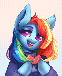 Size: 2516x3100 | Tagged: safe, artist:cosyosy, derpibooru import, rainbow dash, pegasus, pony, cheek fluff, clothes, cute, dashabetes, ear fluff, female, heart, holiday, lidded eyes, mare, open mouth, solo, sweater, valentine's day