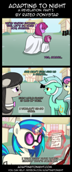 Size: 850x2020 | Tagged: safe, artist:terminuslucis, berry punch, berryshine, bon bon, dj pon-3, lyra heartstrings, octavia melody, ruby pinch, sweetie drops, vinyl scratch, earth pony, pony, unicorn, comic:adapting to night, comic:adapting to night: a revelation, book, clothes, comic, cult, glowing horn, horn, magic, note, telekinesis