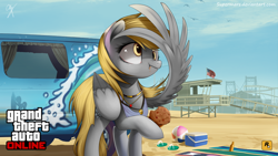 Size: 1920x1080 | Tagged: safe, artist:supermare, derpy hooves, pegasus, pony, american flag, beach, clothes, cooler, crossover, female, flag, grand theft auto, grand theft auto online, gta online, gta v, mare, muffin, necklace, rockstar games, sandals, scrunchy face, solo, towel, van, vehicle, volleyball, wallpaper