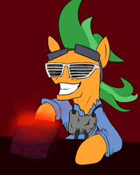 Size: 1200x1491 | Tagged: safe, artist:gapaot, oc, oc only, oc:atom smasher, pegasus, pony, fallout equestria, fallout equestria: duck and cover, button, fanfic art, goggles, grin, solo, sunglasses