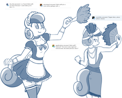 Size: 1274x1027 | Tagged: safe, artist:whatsapokemon, oc, oc only, oc:heart song, anthro, crystal pony, bedroom eyes, clothes, dress, duster, female, flapper, hand fan, maid, monochrome, open-back dress, pearl, pearl necklace, skirt, smiling, socks, stockings, thigh highs, zettai ryouiki
