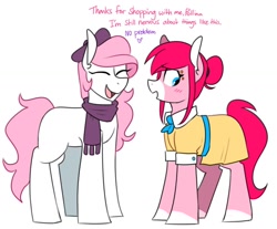 Size: 1152x952 | Tagged: safe, artist:redxbacon, derpibooru import, oc, oc only, oc:polina, oc:soft mochi, earth pony, pony, blushing, clothes, duo