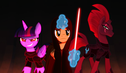 Size: 10033x5860 | Tagged: safe, artist:ejlightning007arts, derpibooru import, tempest shadow, twilight sparkle, twilight sparkle (alicorn), oc, oc:ej, alicorn, unicorn, my little pony: the movie, airship, alicorn oc, armor, broken horn, crossover, dark side, evil eyes, eye scar, female, hood, horn, lightsaber, magic, male, mare, open up your eyes, red eyes, scar, sith, sith lord, stallion, star wars, storm army, telekinesis, weapon