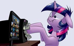 Size: 899x564 | Tagged: safe, artist:underpable, edit, twilight sparkle, :t, computer, derp, floppy ears, messy mane, money, nose wrinkle, scrunchy face, shut up and take my money, solo, steam (software), steam sale, steam summer sale, wide eyes, wingless edit