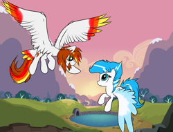 Size: 3000x2291 | Tagged: safe, artist:bravefleet, oc, oc only, oc:brave dash, oc:shimmering shield, pegasus, pony, flying, large wings, tail feathers