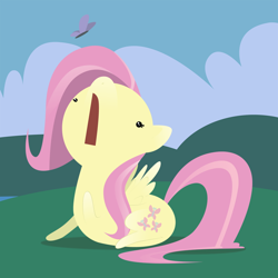 Size: 1000x1000 | Tagged: safe, artist:professor-ponyarity, fluttershy, butterfly, pegasus, pony, chibi, colored, cute, dot eyes, female, flat colors, looking at something, looking up, mare, open mouth, outdoors, prone, shyabetes, solo