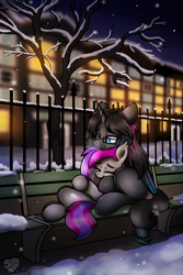 Size: 2820x4230 | Tagged: source needed, useless source url, safe, artist:sugar morning, derpibooru import, oc, oc only, alicorn, bat pony, pony, bat pony oc, bench, building, colored, cuddling, cute, cutie mark, eyes closed, female, fence, glasses, hug, outdoors, sitting, smiling, snow