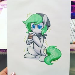 Size: 2048x2048 | Tagged: safe, artist:dawnfire, derpibooru import, oc, oc only, oc:trivial pursuit, earth pony, pony, coffee, solo, traditional art