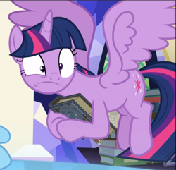 Size: 929x896 | Tagged: safe, derpibooru import, screencap, twilight sparkle, twilight sparkle (alicorn), alicorn, shadow play, book, cropped, faic, flying, solo, spread wings, star swirl's journal, wings