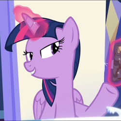 Size: 941x941 | Tagged: safe, derpibooru import, screencap, twilight sparkle, twilight sparkle (alicorn), alicorn, shadow play, book, cropped, glowing horn, horn, lidded eyes, sitting, smiling, solo