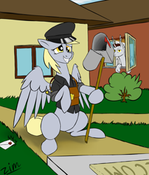 Size: 3169x3720 | Tagged: safe, artist:clot, derpy hooves, oc, oc:zim, bat pony, pony, sphinx, bat sphinx, batsphinx, hat, letter, mail, mailbag, mailbox, post