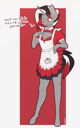 Size: 2000x3193 | Tagged: safe, artist:loneless-art, derpibooru import, oc, oc only, oc:joker, anthro, unguligrade anthro, unicorn, abstract background, clothes, crossdressing, dress, maid, male, pizza hut maid dress, solo, vulgar