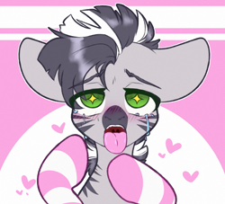 Size: 2200x2000 | Tagged: safe, derpibooru import, oc, oc only, oc:zebra north, zebra, ahegao, clothes, femboy, floppy ears, heart, male, malesub, open mouth, socks, solo, stallion, striped socks, submissive, tongue out, uvula, zebra oc, zebrasub