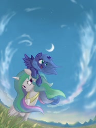 Size: 823x1100 | Tagged: safe, artist:onkelscrut, princess celestia, princess luna, alicorn, pony, amazed, crescent moon, duo, evening, female, filly, grass, mare, moon, mountain, open mouth, outdoors, ponies riding ponies, pony hat, raised hoof, riding, royal sisters, s1 luna, siblings, sisters, sky, smiling, spread wings, steppe, vertigo, windswept mane, wings, woona
