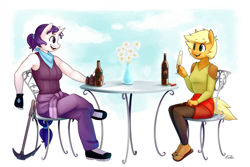 Size: 1300x866 | Tagged: safe, artist:siden, applejack, rarity, oc, oc:ivory, oc:sparkling cider, anthro, earth pony, plantigrade anthro, pony, alcohol, alternate universe, armpits, chair, cider, clothes, female, gloves, lesbian, pickaxe, rarijack, sandals, shipping, table, ultimare universe, vase