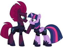 Size: 12560x9574 | Tagged: safe, artist:ejlightning007arts, derpibooru import, tempest shadow, twilight sparkle, twilight sparkle (alicorn), alicorn, pony, unicorn, my little pony: the movie, absurd resolution, armor, broken horn, evil, eye scar, fallen hero, female, fixed image, hoof on chin, hoof shoes, horn, lesbian, mare, raised hoof, scar, shipping, simple background, storm army, tempestlight, transparent background, updated, vector