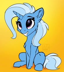 Size: 3118x3500 | Tagged: safe, artist:airfly-pony, derpibooru import, trixie, pony, unicorn, cheek fluff, chest fluff, chibi, cute, diatrixes, ear fluff, female, grin, high res, mare, simple background, sitting, smiling, solo, yellow background