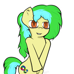 Size: 1500x1500 | Tagged: safe, oc, oc only, oc:portal breakway, earth pony, pony, bags under eyes, bipedal, cutie mark, female, looking at you, mare, orange eyes, simple background, smiling, solo, two toned mane, two toned tail, white background, yellow coat