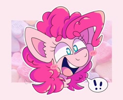 Size: 1024x832 | Tagged: safe, artist:forestpvppy, derpibooru import, pinkie pie, earth pony, pony, abstract background, beanbrows, blushing, bust, cute, diapinkes, ear fluff, exclamation point, eyebrows, female, happy, head only, mare, neck fluff, open mouth, pictogram, portrait, redraw, smiling, solo, speech bubble