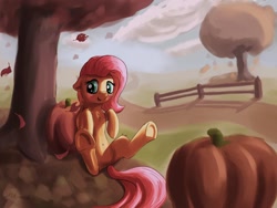 Size: 1024x768 | Tagged: safe, artist:shaliwolf, derpibooru import, fluttershy, pegasus, pony, autumn, blushing, chest fluff, cute, female, floppy ears, leaf, leaves, leg fluff, mare, open mouth, outdoors, pumpkin, shyabetes, sitting, solo, tree, under the tree, underhoof