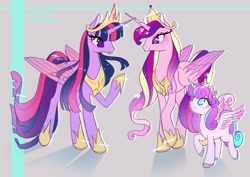 Size: 1280x905 | Tagged: safe, artist:bunniiibabe, derpibooru import, princess cadance, princess flurry heart, princess twilight 2.0, twilight sparkle, twilight sparkle (alicorn), alicorn, pony, the last problem, crown, female, gray background, heart eyes, hoof shoes, jewelry, mare, no pupils, older, older flurry heart, older princess cadance, peytral, raised hoof, regalia, signature, simple background, trio, ultimate twilight, wingding eyes