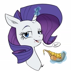 Size: 2005x2074 | Tagged: safe, artist:shelbysmol, derpibooru import, rarity, pony, unicorn, bust, dialogue, eating, everything is ruined, eyelashes, food, glowing horn, high res, horn, levitation, lidded eyes, looking at you, magic, open mouth, pineapple, pineapple pizza, pizza, portrait, signature, simple background, smiling, solo, speech bubble, telekinesis, white background